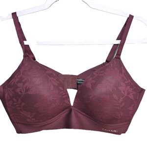 Tahari Wire Free Comfort Bra Sz 38C Padded Floral Lace Soft Cup Stretch Plum